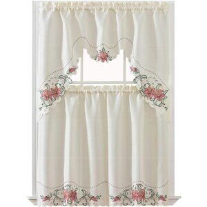 Lily Fragrance. 3pcs Multi-Color Embroidery Kitchen Cafe Curtain Set Swag